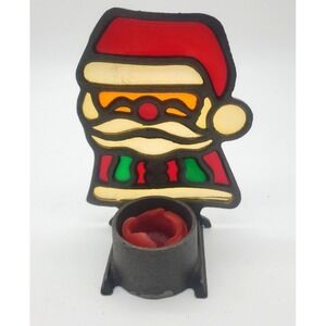Vintage Candle‎ Holder Cast Iron Stained Glass Santa Votive Christmas 70's